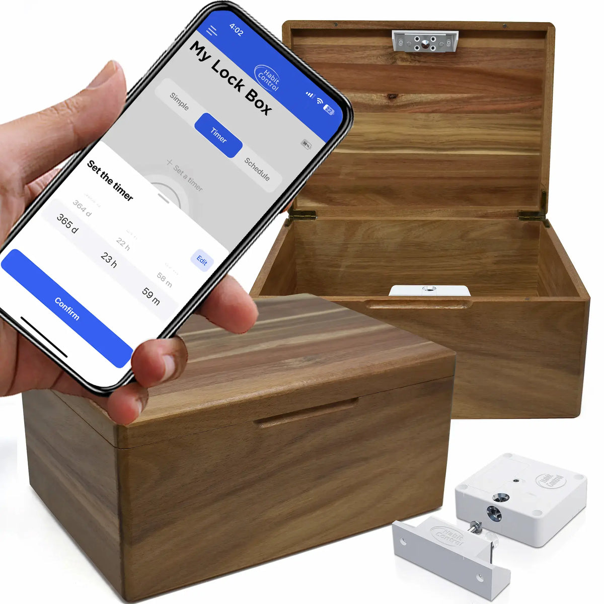 Acacia wood smart lock box app controlled on white background with simple, timer and schedule working modes

