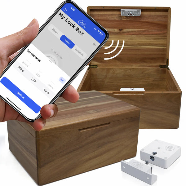Acacia wood smart lock box app controlled on white background with simple, timer and schedule working modes
