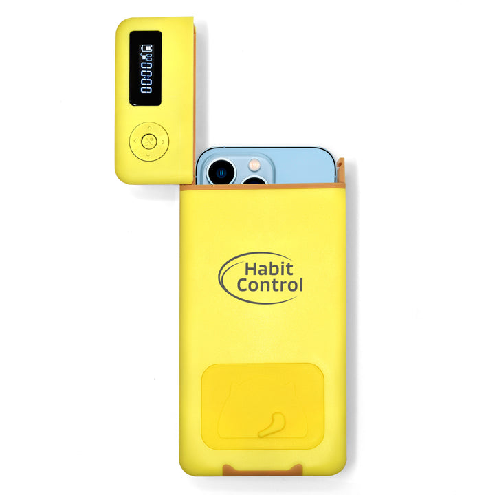 Yellow cell phone locking box with a timer on white background