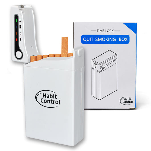 White cigarette case with a timer to quit smoking gradually on white background
