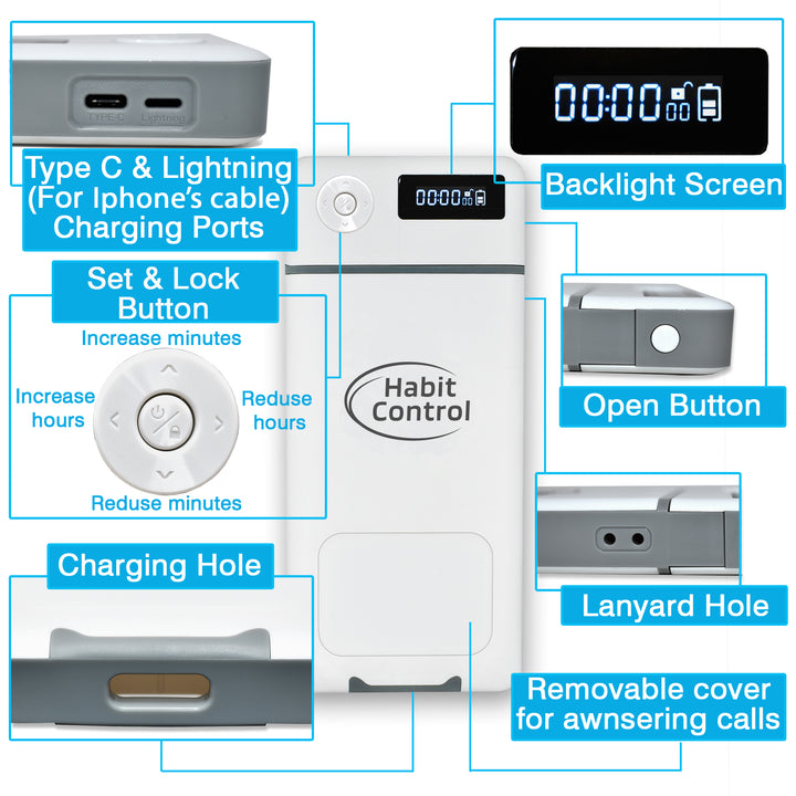 Habit Control time lock box features backlight screen, type C & lighting charging ports, hole to charge your phone while it locked inside the box, removable cover for answering calls, lanyard hole, physical buttons to open & control the device