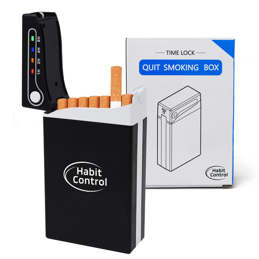 Black  cigarette case with a timer to quit smoking gradually on white background